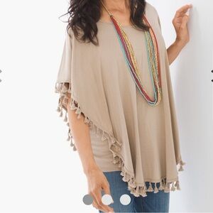 New Chico’s Size 3 (XL) Women’s Pom Pom Convertible Sonora Sand Poncho Top